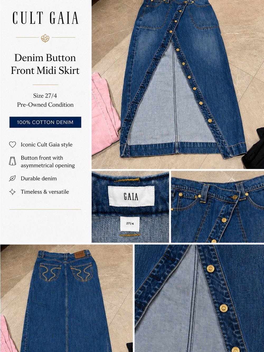 cult gaia Blue Denim Button-Front Midi Skirt